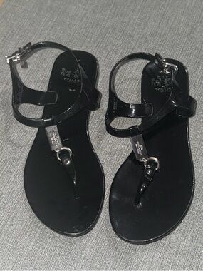 Coach Plato Womens Ankle T Strap Flat Sandals Black Plastic Size 7B